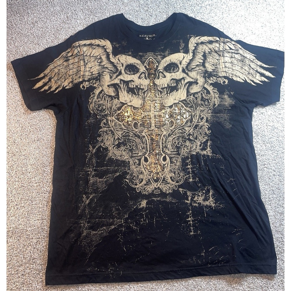 XZAVIER Affliction Style Gothic Grunge Graphic Y2K Black T-Shirt Men's Size 4XL